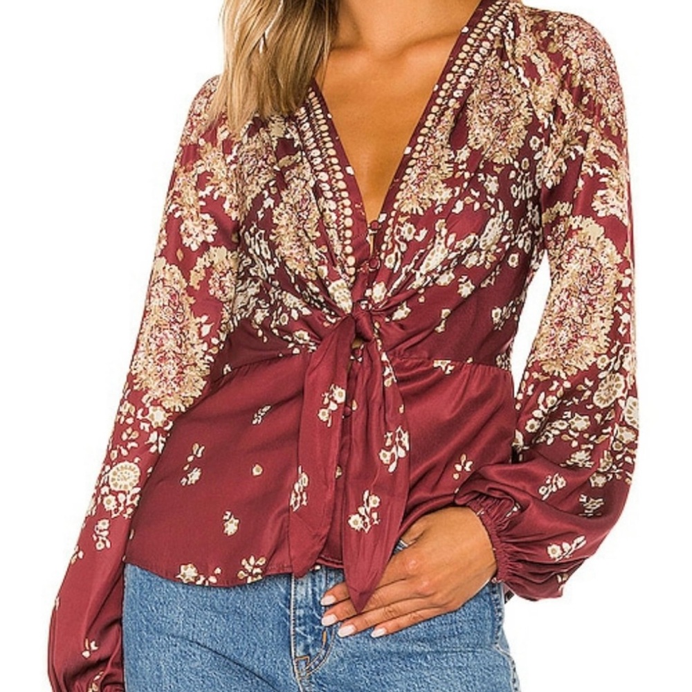 Free People Run Free Burgundy Paisley Floral Blouse Top Women’s Medium Boho